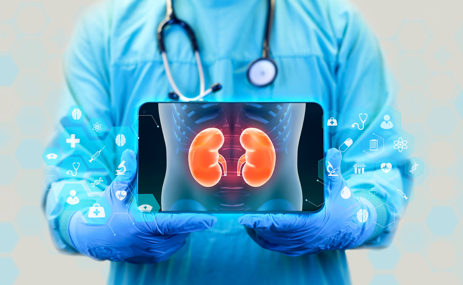 A doctor holding an X-ray showing the kidneys.