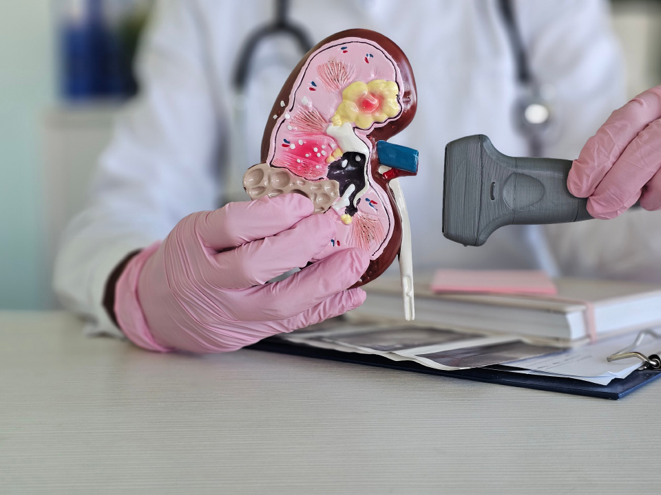 A doctor holding an ultrasound imaging device and a model of a kidney.