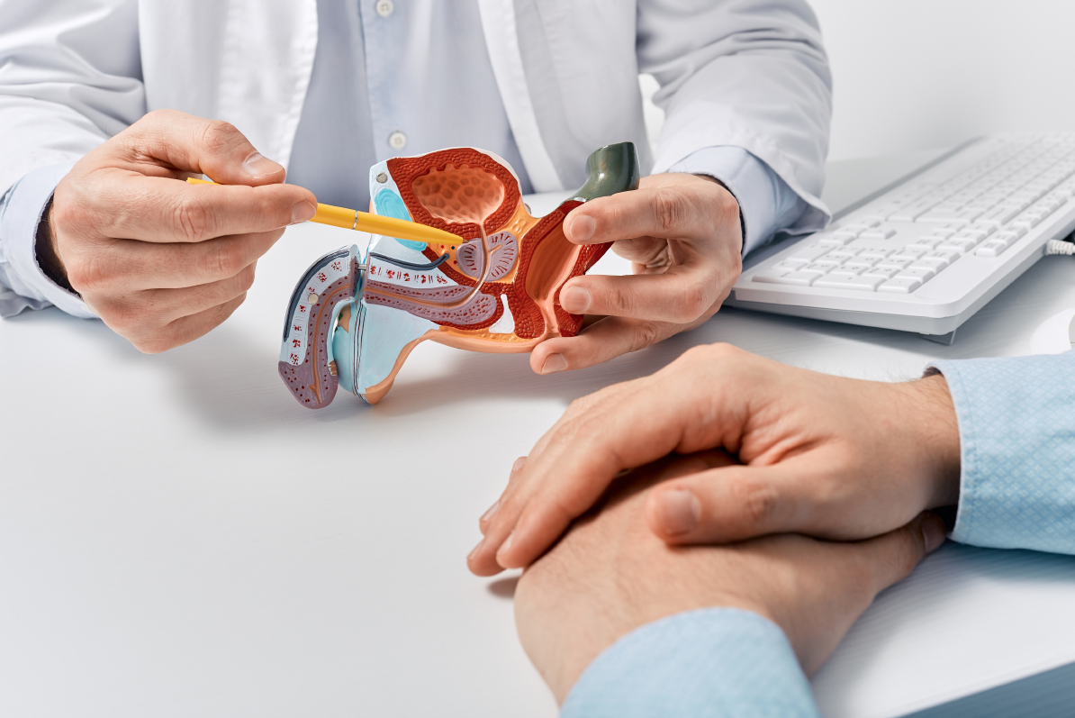 A doctor carrying out a consultation for a patient with prostate cancer symptoms.