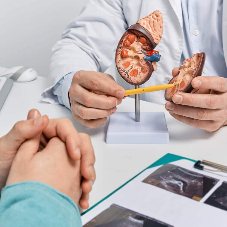 Kidney doctor pointing the pen at kidney structure