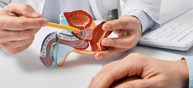 Vasectomy specialist pointing to male reproductive system anatomical model